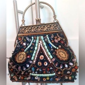 Vtg Beaded Boho Embroidered Sequined Clutch Purse Kiss Lock Evening Hand Bag